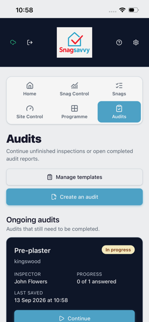 Current SnagSavvy audits screen