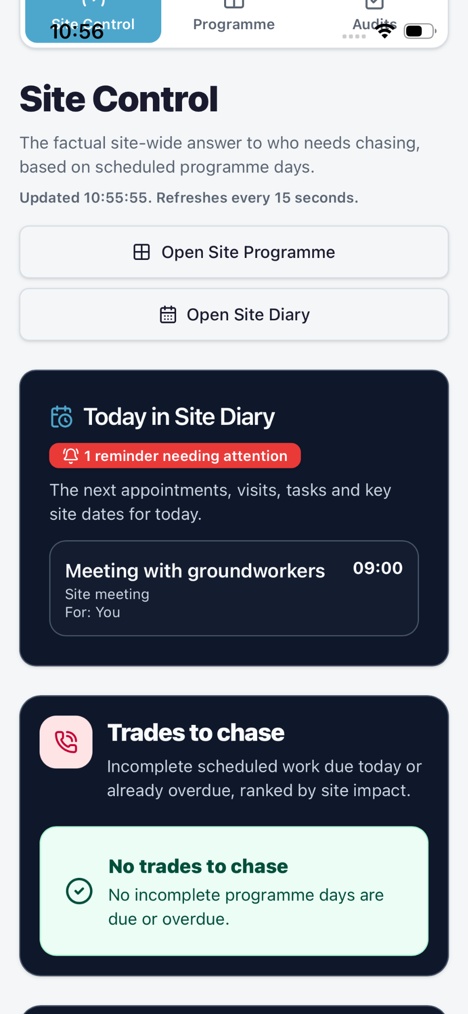 Current SnagSavvy Site Control screen