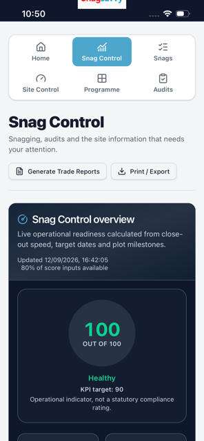 Current SnagSavvy Snag Control screen